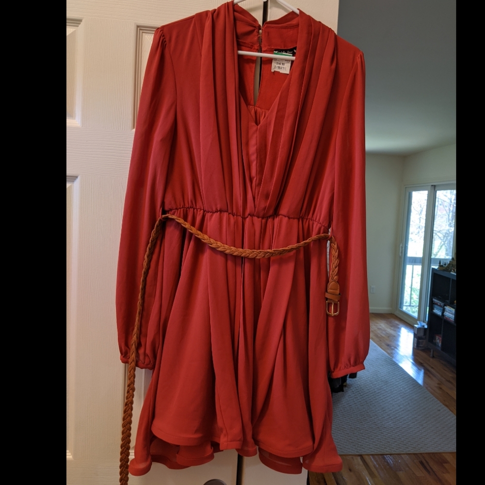 Dark coral, long-sleeve (sheer sleeve) mini dress